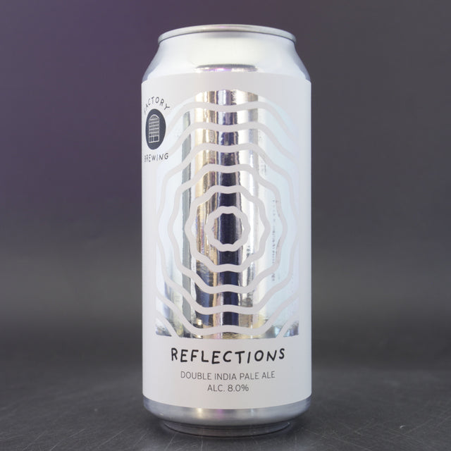 This is a can of Factory Brewing - Reflections - 8% (440ml). It is a Double IPA craft beer available to buy from Ghost Whale, voted London's best craft beer shop.