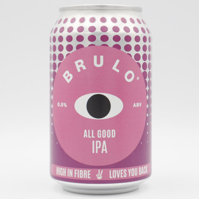 This is a can of Brulo - All Good IPA - 0.5% (330ml). It is a IPA craft beer available to buy from Ghost Whale, voted London's best craft beer shop.