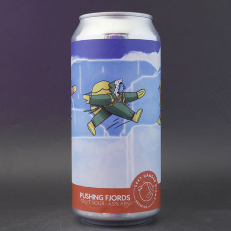 This is a can of Left Handed Giant - Pushing Fjords - 5.2% (440ml). It is a Sour craft beer available to buy from Ghost Whale, voted London's best craft beer shop.