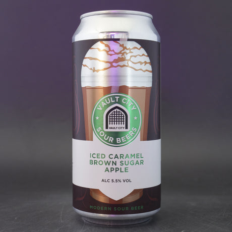 This is a can of Vault City - Iced Caramel Brown Sugar Apple - 5.5% (440ml). It is a Sour craft beer available to buy from Ghost Whale, voted London's best craft beer shop.