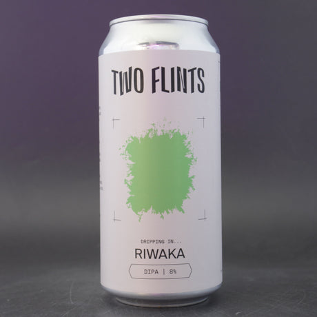 This is a can of Two Flints - Dripping In Riwaka - 8% (440ml). It is a Double IPA craft beer available to buy from Ghost Whale, voted London's best craft beer shop.