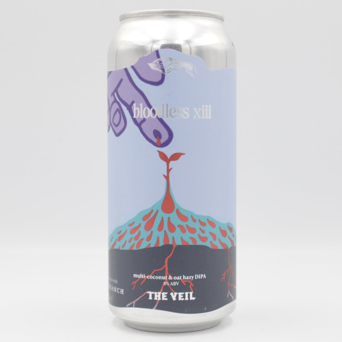 This is a can of The Veil / Root + Branch - Bloodless xiii - 8% (473ml). It is a Double IPA craft beer available to buy from Ghost Whale, voted London's best craft beer shop.