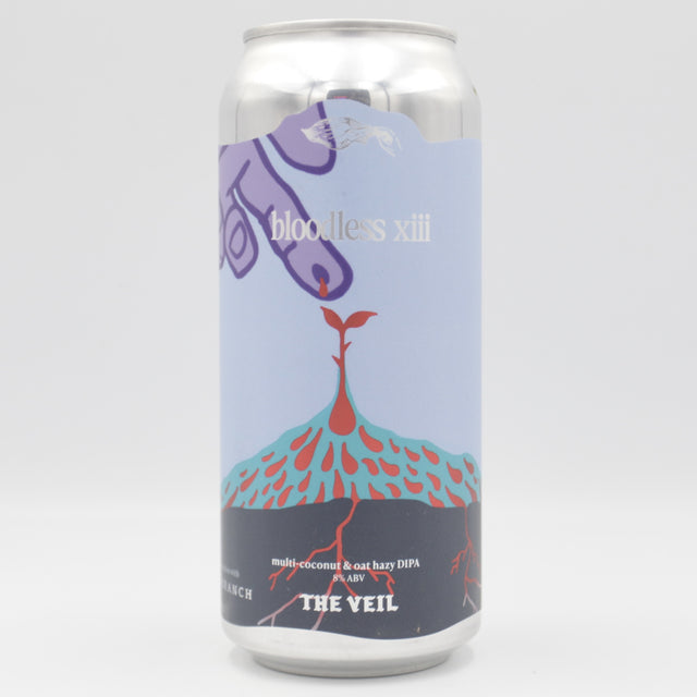 This is a can of The Veil / Root + Branch - Bloodless xiii - 8% (473ml). It is a Double IPA craft beer available to buy from Ghost Whale, voted London's best craft beer shop.