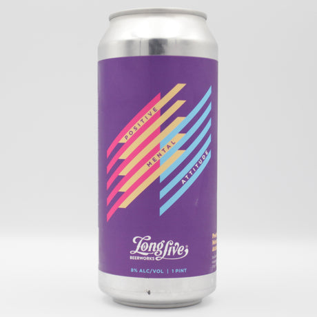 This is a can of Long Live Beer Works - Positive Mental Attitude - 8% (473ml). It is a Double IPA craft beer available to buy from Ghost Whale, voted London's best craft beer shop.