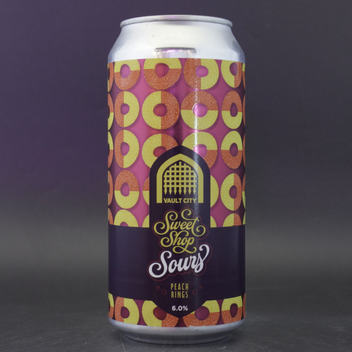 This is a can of Vault City - Sweet Shop: Peach Rings - 6% (440ml). It is a Sour craft beer available to buy from Ghost Whale, voted London's best craft beer shop.