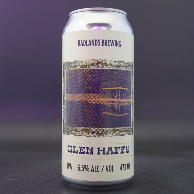 This is a can of Badlands - Glen Haffy - 6.5% (473ml). It is a IPA craft beer available to buy from Ghost Whale, voted London's best craft beer shop.