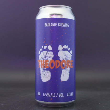 This is a can of Badlands - Theodore - 6.5% (473ml). It is a IPA craft beer available to buy from Ghost Whale, voted London's best craft beer shop.