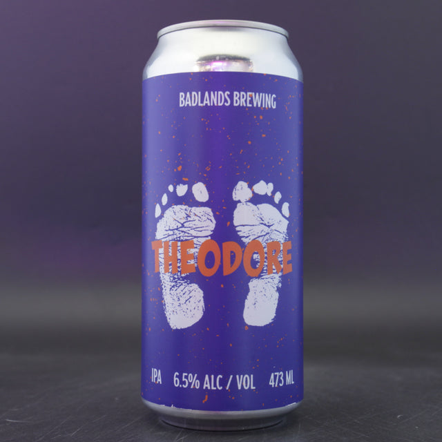 This is a can of Badlands - Theodore - 6.5% (473ml). It is a IPA craft beer available to buy from Ghost Whale, voted London's best craft beer shop.