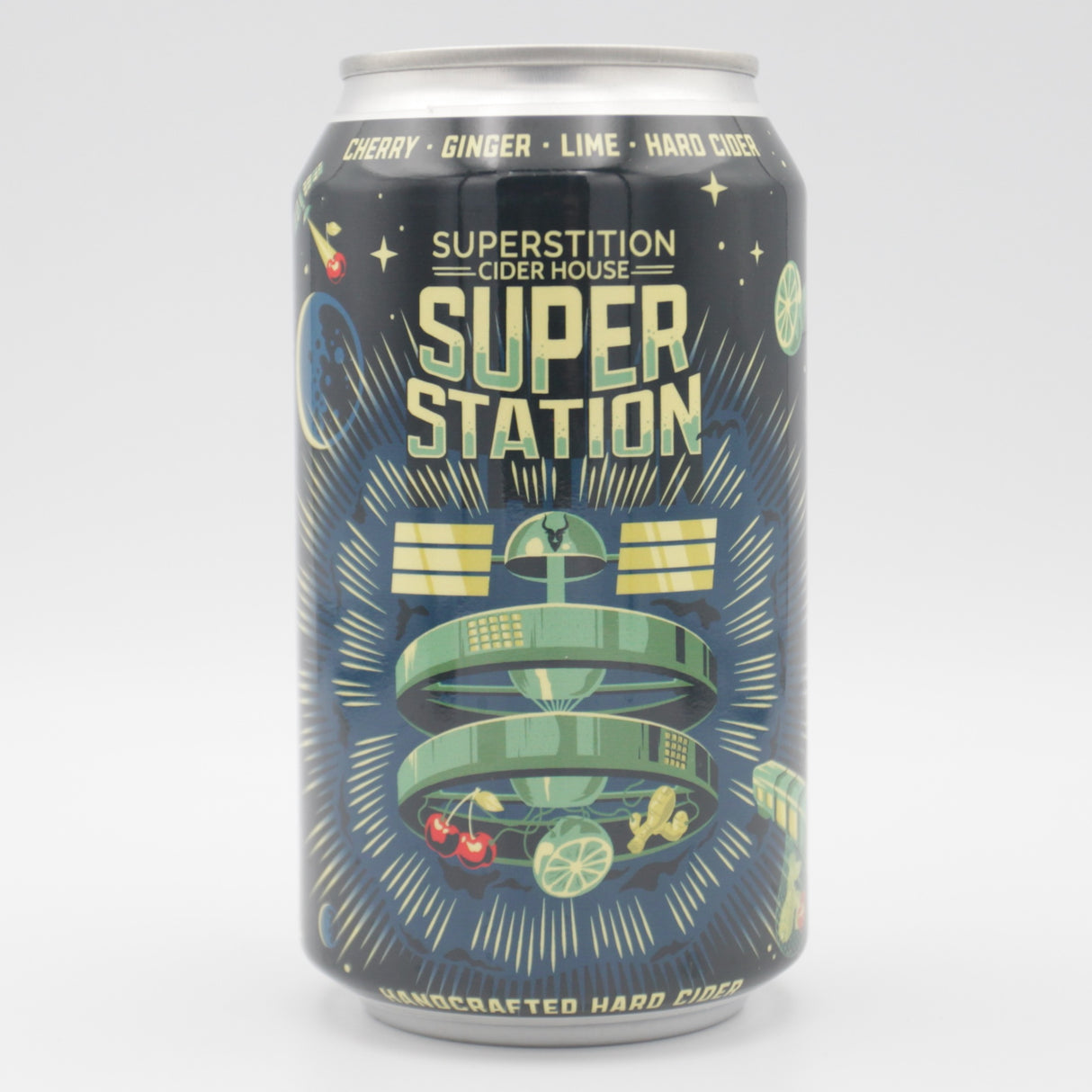 This is a can of Superstition Meadery - Super Station - 5.5% (355ml). It is a  craft mead available to buy from Ghost Whale, voted London's best craft beer shop.