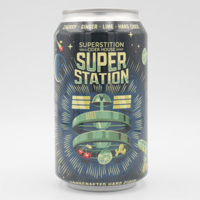 This is a can of Superstition Meadery - Super Station - 5.5% (355ml). It is a  craft mead available to buy from Ghost Whale, voted London's best craft beer shop.