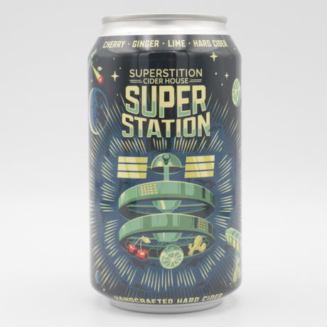 This is a can of Superstition Meadery - Super Station - 5.5% (355ml). It is a  craft mead available to buy from Ghost Whale, voted London's best craft beer shop.