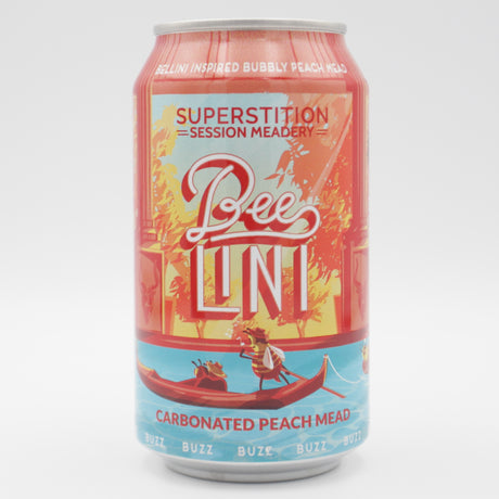 This is a can of Superstition Meadery - Beelini - 6% (355ml). It is a  craft mead available to buy from Ghost Whale, voted London's best craft beer shop.