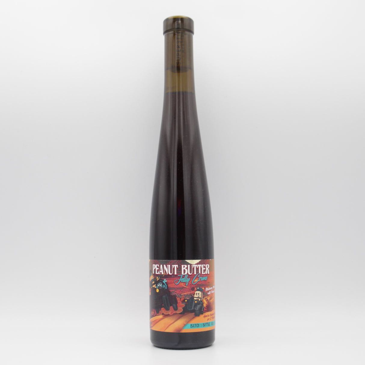 This is a bottle of Superstition Meadery - Bourbon Barrel Aged Peanut Butter Jelly Crime - 14% (375ml). It is a  craft mead available to buy from Ghost Whale, voted London's best craft beer shop.