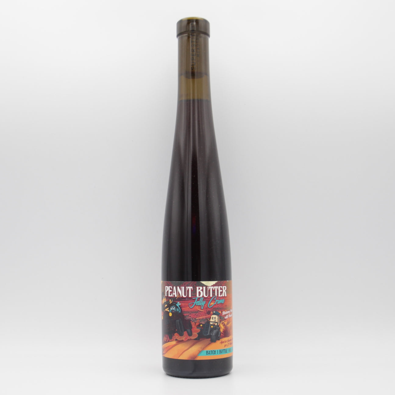This is a bottle of Superstition Meadery - Bourbon Barrel Aged Peanut Butter Jelly Crime - 14% (375ml). It is a  craft mead available to buy from Ghost Whale, voted London's best craft beer shop.