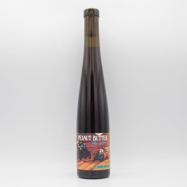 This is a bottle of Superstition Meadery - Bourbon Barrel Aged Peanut Butter Jelly Crime - 14% (375ml). It is a  craft mead available to buy from Ghost Whale, voted London's best craft beer shop.