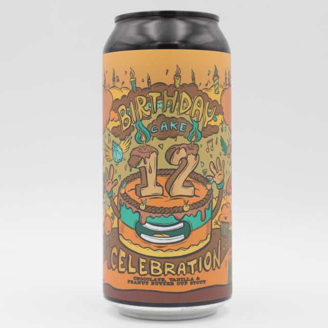 This is a can of Amundsen - 12th Birthday: Choc, Vanilla & Peanut butter Cup Stout - 12% (440ml). It is a Imperial Stout / Porter craft beer available to buy from Ghost Whale, voted London's best craft beer shop.