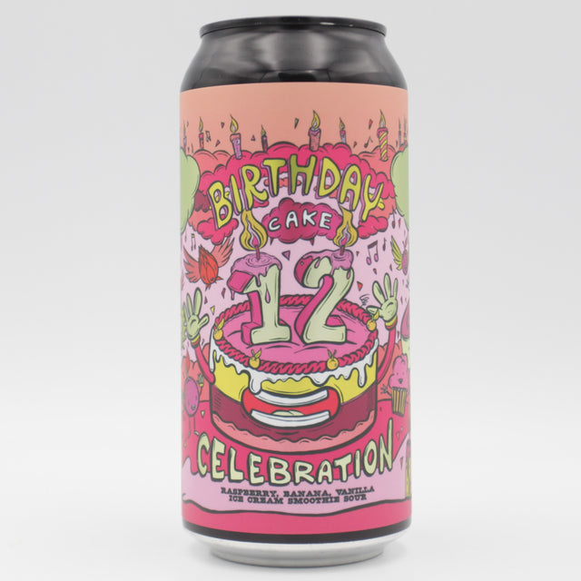 This is a can of Amundsen - 12th Birthday: Raspberry, Bannana, Vanilla Ice Cream Smoothie - 5.5% (440ml). It is a Sour craft beer available to buy from Ghost Whale, voted London's best craft beer shop.