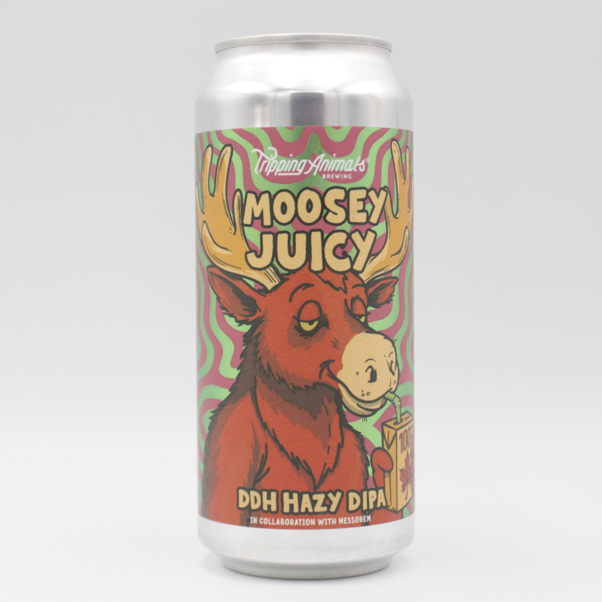 This is a can of Tripping Animals / Messorem - Moosey Juicy - 8.2% (473ml). It is a Double IPA craft beer available to buy from Ghost Whale, voted London's best craft beer shop.