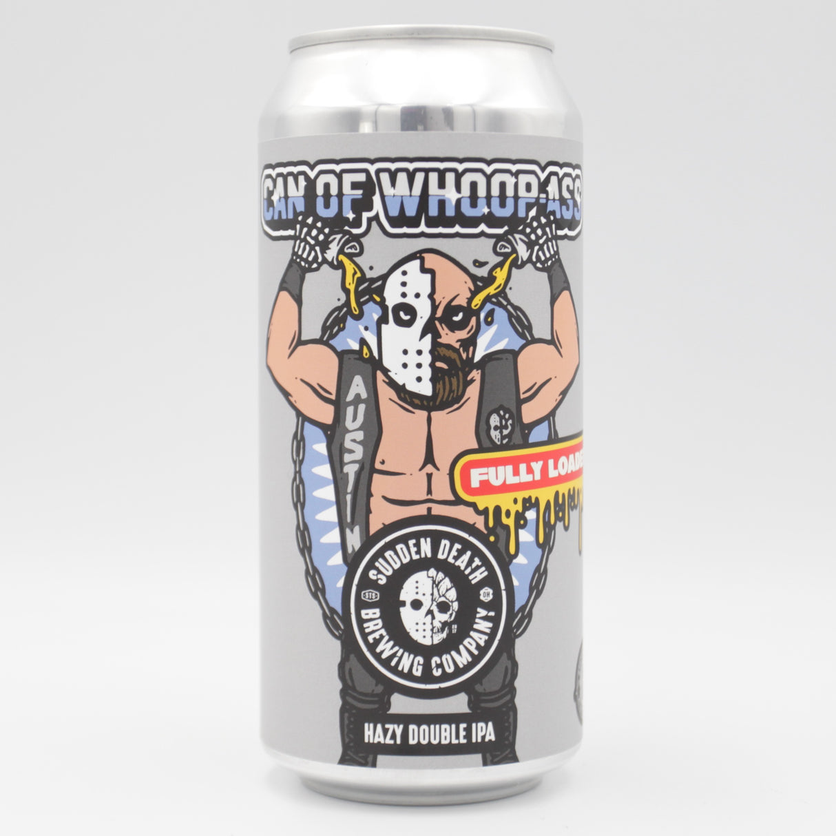 This is a can of Sudden Death - Can Of Whoop Ass - FULLY LOADED - 8.4% (440ml). It is a Double IPA craft beer available to buy from Ghost Whale, voted London's best craft beer shop.