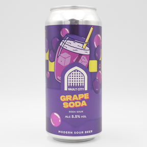This is a can of Vault City - Grape Soda - 5.5% (440ml). It is a Sour craft beer available to buy from Ghost Whale, voted London's best craft beer shop.