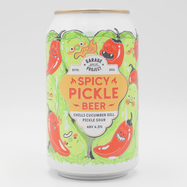 This is a can of Garage Project - Spicy Pickle Beer - 4.3% (330ml). It is a Sour craft beer available to buy from Ghost Whale, voted London's best craft beer shop.