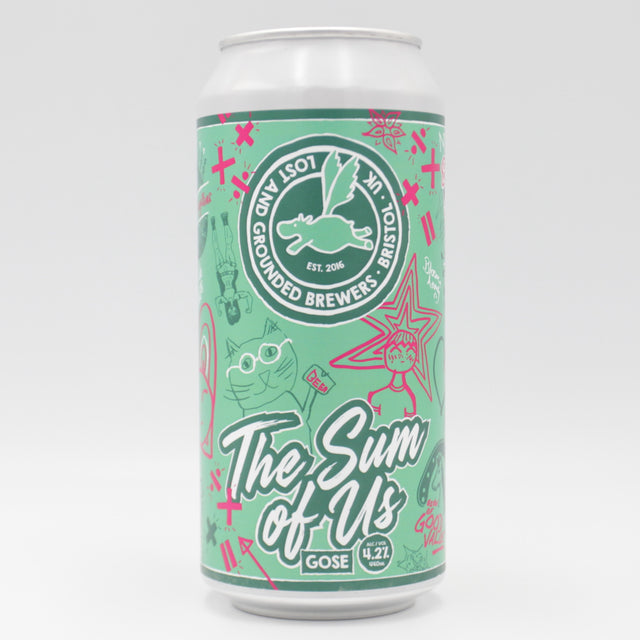 This is a can of Lost and Grounded - The Sum Of Us - 4.2% (440ml). It is a Gose craft beer available to buy from Ghost Whale, voted London's best craft beer shop.