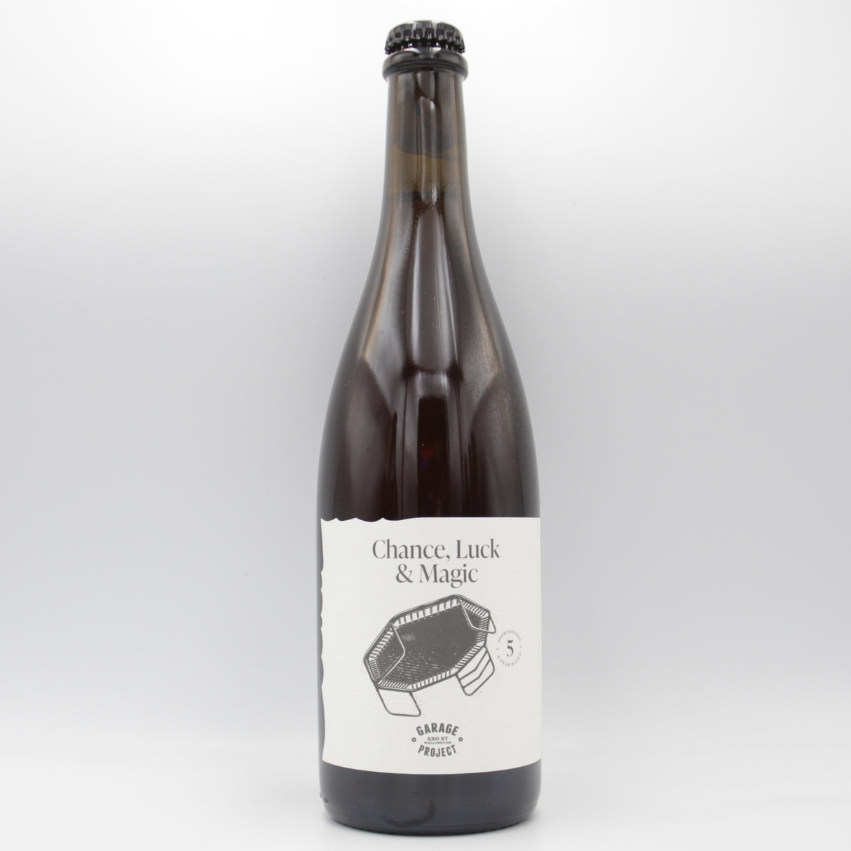 This is a sharing bottle of Garage Project - Chance, Luck & Magic 2023 - 8.8% (750ml). It is a Wild Ale craft beer available to buy from Ghost Whale, voted London's best craft beer shop.
