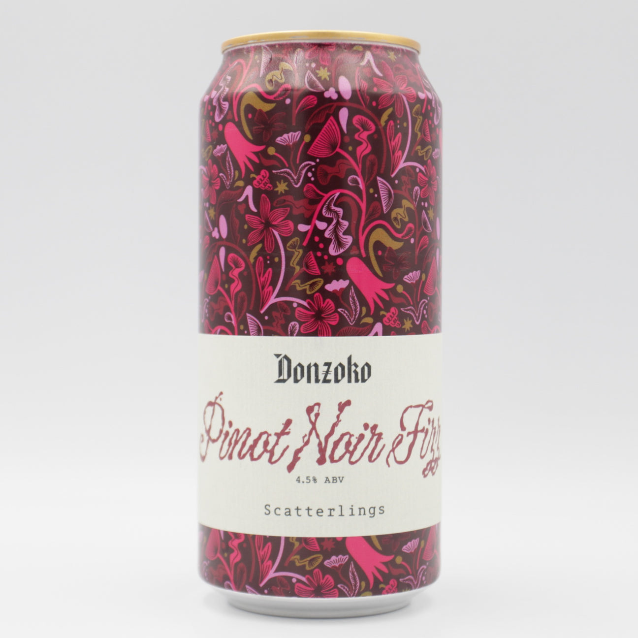 This is a can of Donzoko / Scatterlings - Pinot Noir Fizz - 4.5% (440ml). It is a Sour craft beer available to buy from Ghost Whale, voted London's best craft beer shop.