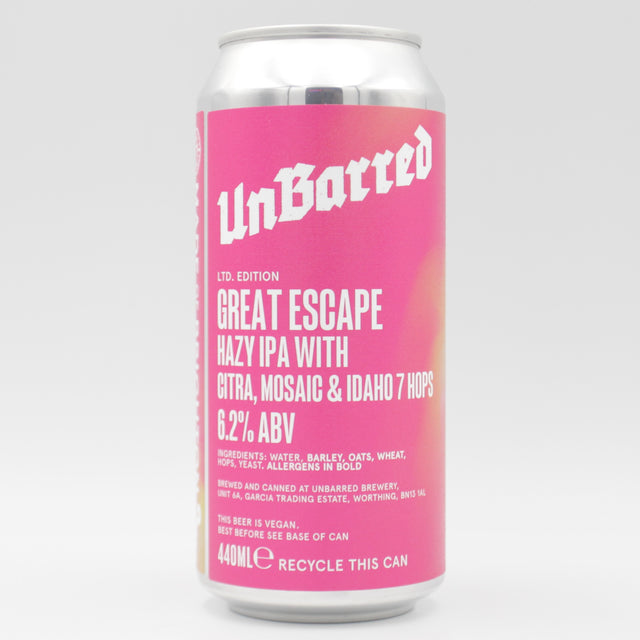 This is a can of UnBarred - Great Escape - 6.2% (440ml). It is a IPA craft beer available to buy from Ghost Whale, voted London's best craft beer shop.