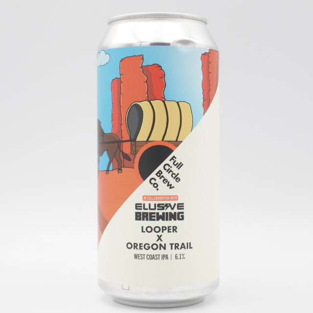 This is a can of Full Circle Brew Co / Elusive Brewing - Looper x Oregon Trail - 6.1% (440ml). It is a IPA craft beer available to buy from Ghost Whale, voted London's best craft beer shop.