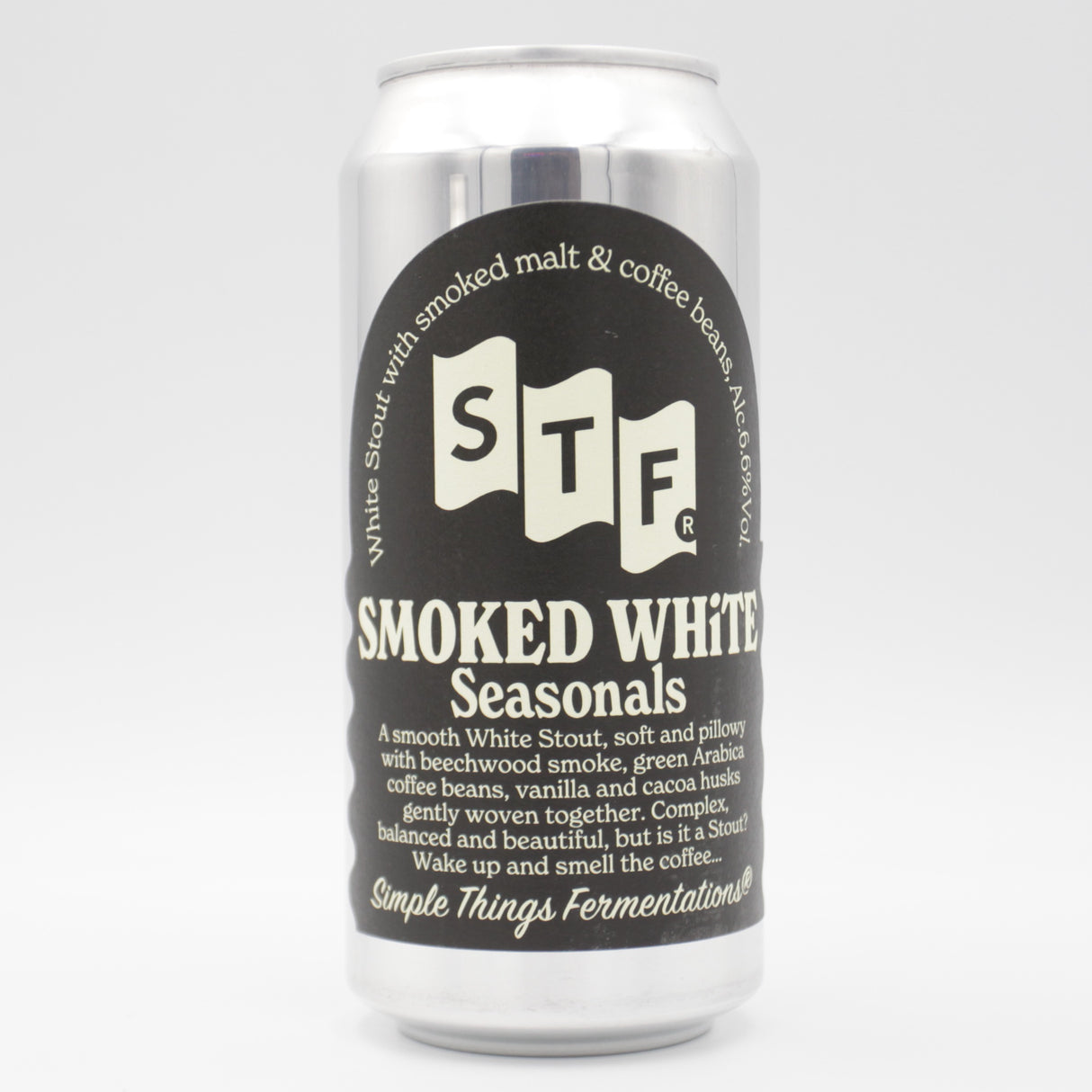 This is a can of Simple Things Fermentations - Smoked White - 6.6% (440ml). It is a Stout / Porter craft beer available to buy from Ghost Whale, voted London's best craft beer shop.