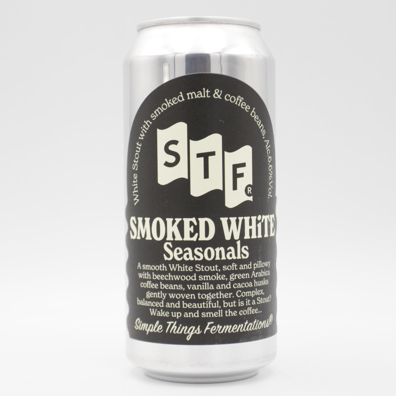 This is a can of Simple Things Fermentations - Smoked White - 6.6% (440ml). It is a Stout / Porter craft beer available to buy from Ghost Whale, voted London's best craft beer shop.
