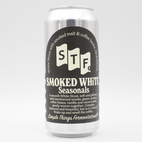 This is a can of Simple Things Fermentations - Smoked White - 6.6% (440ml). It is a Stout / Porter craft beer available to buy from Ghost Whale, voted London's best craft beer shop.