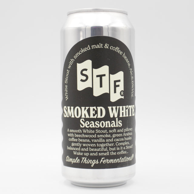 This is a can of Simple Things Fermentations - Smoked White - 6.6% (440ml). It is a Stout / Porter craft beer available to buy from Ghost Whale, voted London's best craft beer shop.
