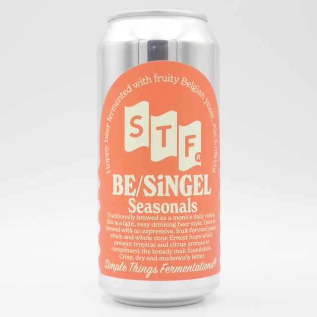 This is a can of Simple Things Fermentations - BE/Singel - 5% (440ml). It is a Belgian Style craft beer available to buy from Ghost Whale, voted London's best craft beer shop.