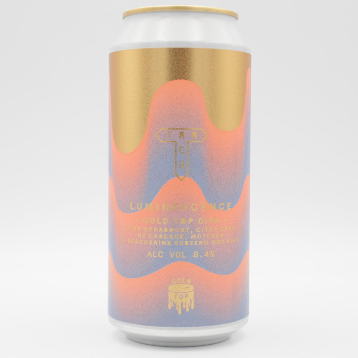 This is a can of Track - Gold Top: Luminescence - 8.4% (440ml). It is a Double IPA craft beer available to buy from Ghost Whale, voted London's best craft beer shop.