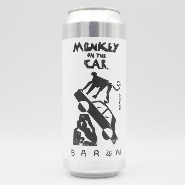 This is a can of Baron - Monkey On The Car - 6.5% (500ml). It is a IPA craft beer available to buy from Ghost Whale, voted London's best craft beer shop.