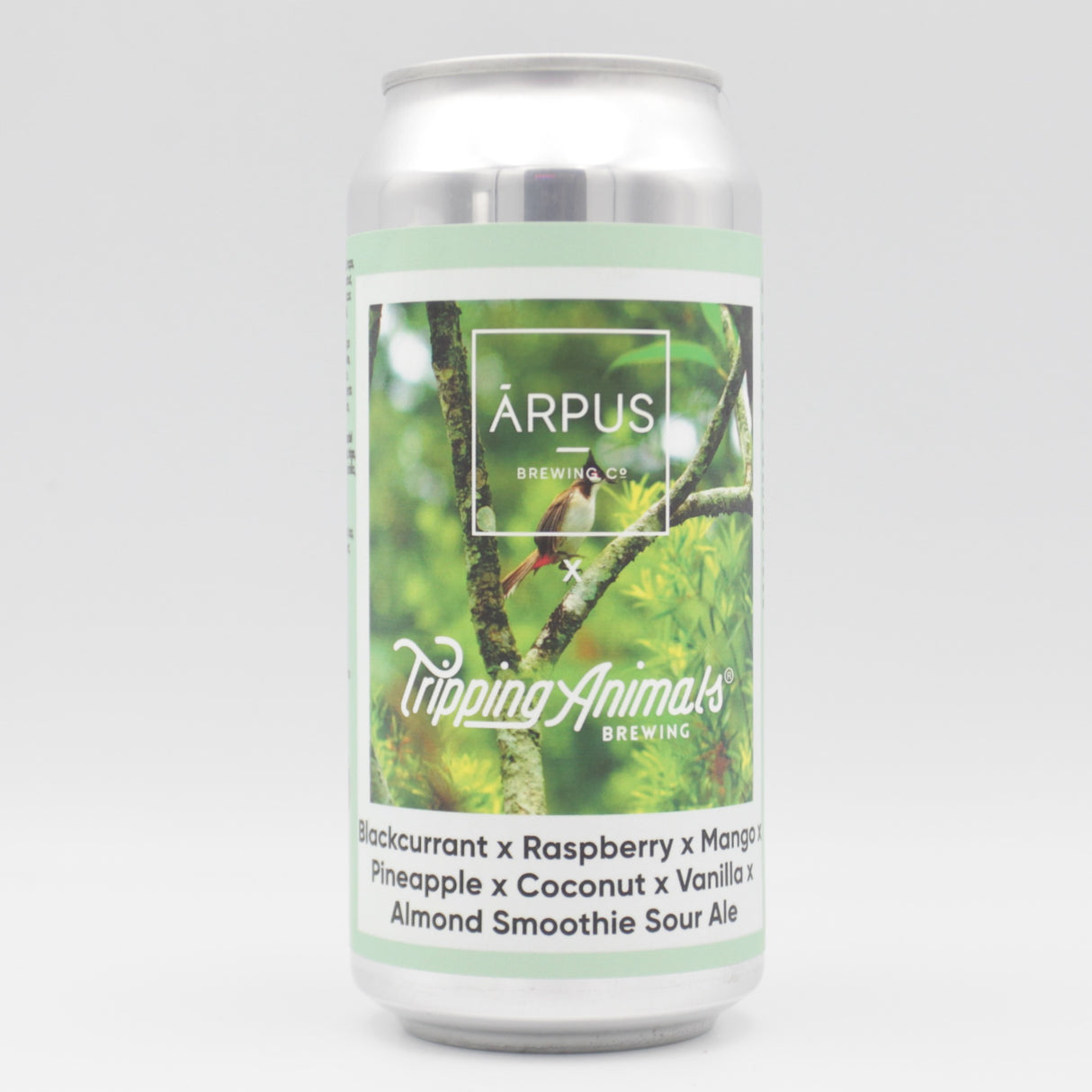 This is a can of Arpus Brewing Co / Tripping Animals - Arpus x Tripping Animals Blackcurrant x Raspberry x Mango x Pineapple x Coconut x Vanilla x Almond Smoothie Sour Ale - 4.5% (440ml). It is a Sour craft beer available to buy from Ghost Whale, voted London's best craft beer shop.