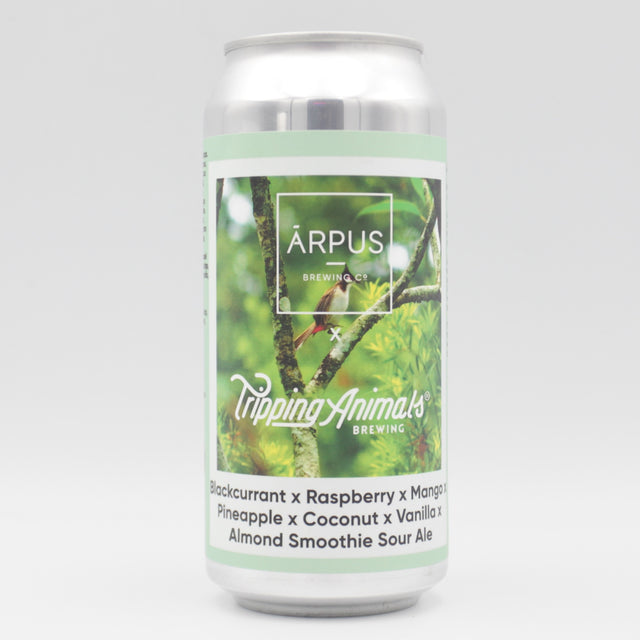 This is a can of Arpus Brewing Co / Tripping Animals - Arpus x Tripping Animals Blackcurrant x Raspberry x Mango x Pineapple x Coconut x Vanilla x Almond Smoothie Sour Ale - 4.5% (440ml). It is a Sour craft beer available to buy from Ghost Whale, voted London's best craft beer shop.