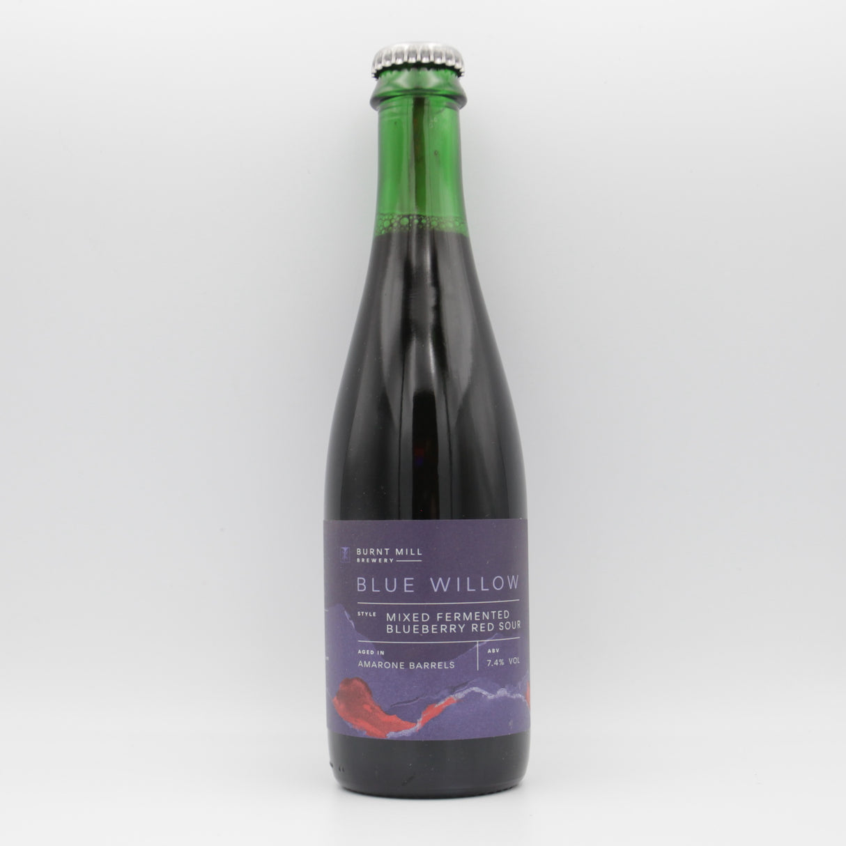 This is a bottle of Burnt Mill - Blue Willow - 7.4% (375ml). It is a Wild Ale craft beer available to buy from Ghost Whale, voted London's best craft beer shop.