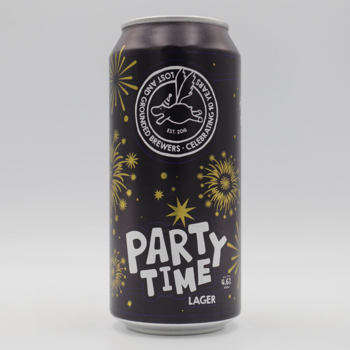 This is a can of Lost and Grounded - Party Time - 4.6% (440ml). It is a Lager / Pilsner / Kölsch craft beer available to buy from Ghost Whale, voted London's best craft beer shop.