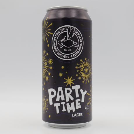 This is a can of Lost and Grounded - Party Time - 4.6% (440ml). It is a Lager / Pilsner / Kölsch craft beer available to buy from Ghost Whale, voted London's best craft beer shop.