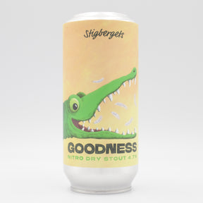 This is a can of Stigbergets - Goodness Dry Stout - 4.7% (440ml). It is a Stout / Porter craft beer available to buy from Ghost Whale, voted London's best craft beer shop.