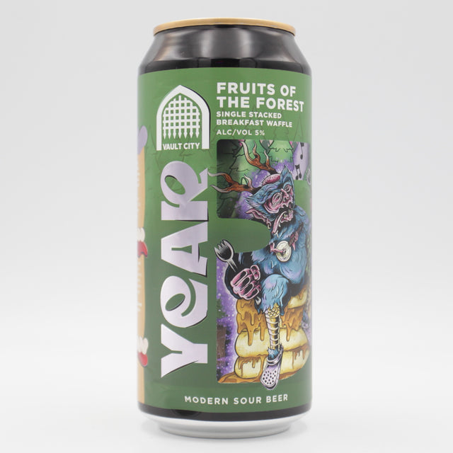 This is a can of Vault City - Year 5: Fruits of the Forest Single-Stacked Breakfast Waffle - 5% (440ml). It is a Sour craft beer available to buy from Ghost Whale, voted London's best craft beer shop.