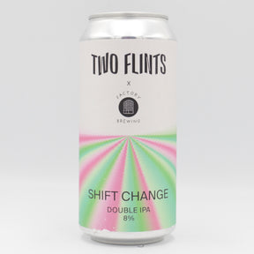 This is a can of Two Flints / Factory Brewing - Shift Change - 8% (440ml). It is a Double IPA craft beer available to buy from Ghost Whale, voted London's best craft beer shop.
