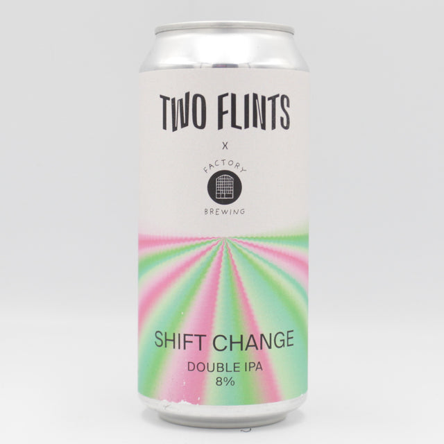 This is a can of Two Flints / Factory Brewing - Shift Change - 8% (440ml). It is a Double IPA craft beer available to buy from Ghost Whale, voted London's best craft beer shop.