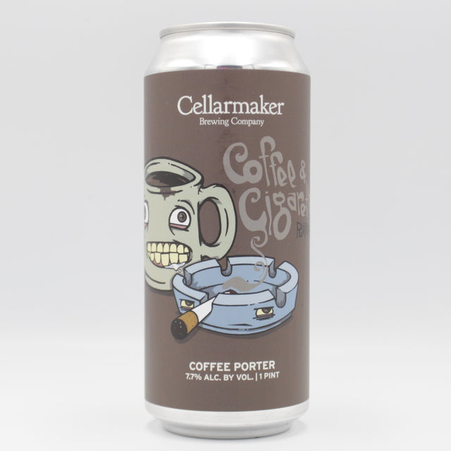 This is a can of Cellarmaker - Coffee & Cigarettes - 7.7% (473ml). It is a Stout / Porter craft beer available to buy from Ghost Whale, voted London's best craft beer shop.