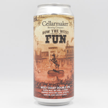 This is a can of Cellarmaker - How The West Was Fun - 8.5% (473ml). It is a Double IPA craft beer available to buy from Ghost Whale, voted London's best craft beer shop.