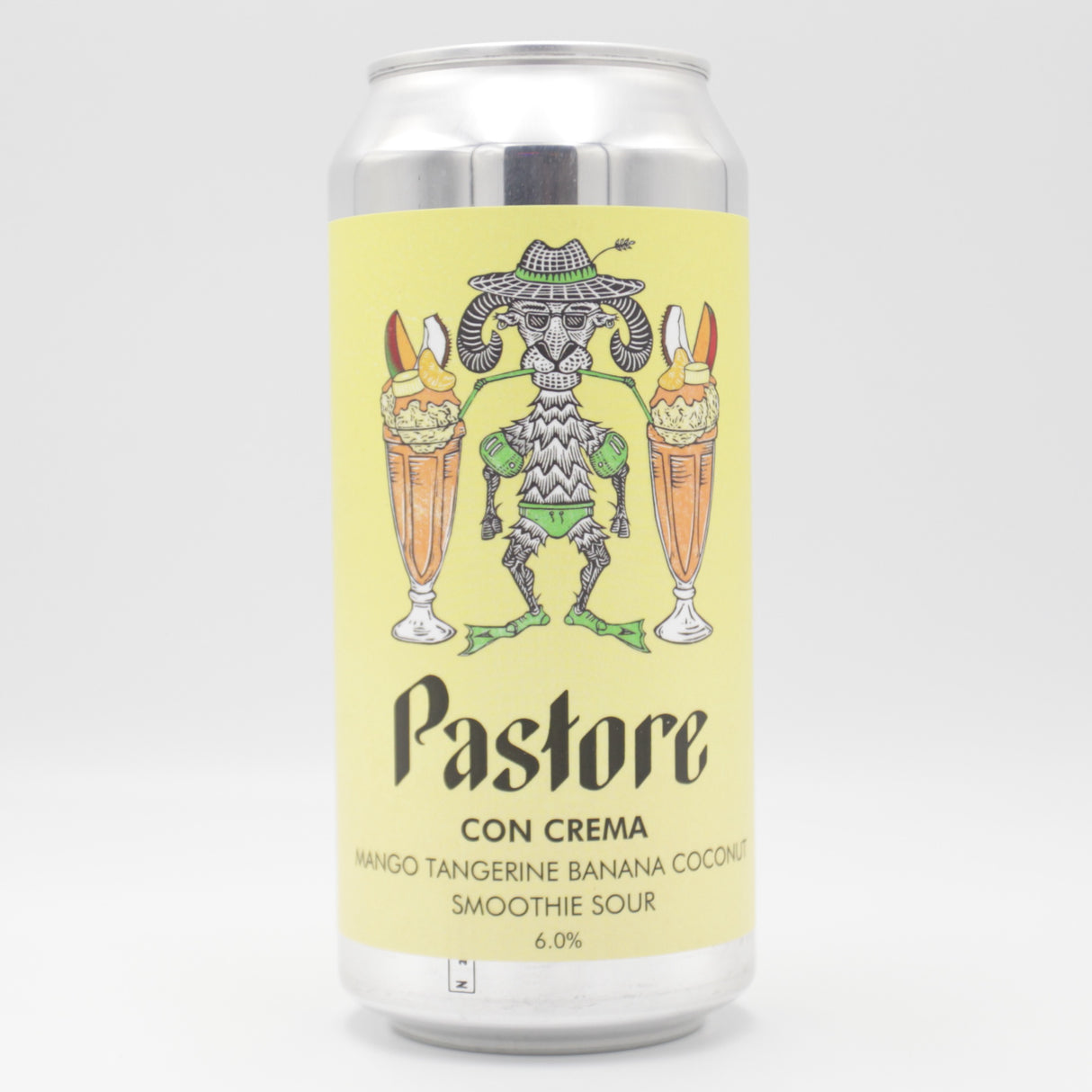 This is a can of Pastore - Con Crema: Mango, Tangerine, Banana & Coconut - 6% (440ml). It is a Sour craft beer available to buy from Ghost Whale, voted London's best craft beer shop.