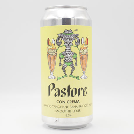This is a can of Pastore - Con Crema: Mango, Tangerine, Banana & Coconut - 6% (440ml). It is a Sour craft beer available to buy from Ghost Whale, voted London's best craft beer shop.